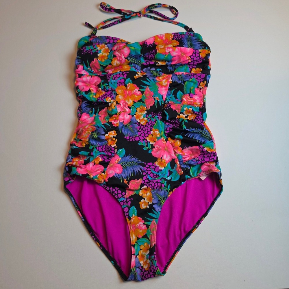 Hunkemöller Tropical Floral Ruched One Piece Swimsuit Black Multi Size 10/40